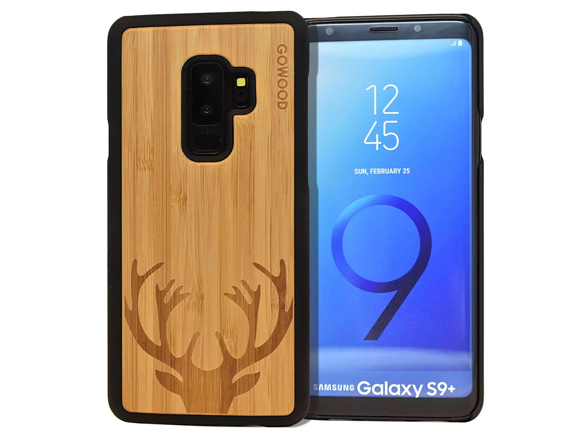 Samsung Galaxy S9 Plus wood case bamboo backside engraved deer polycarbonate sides