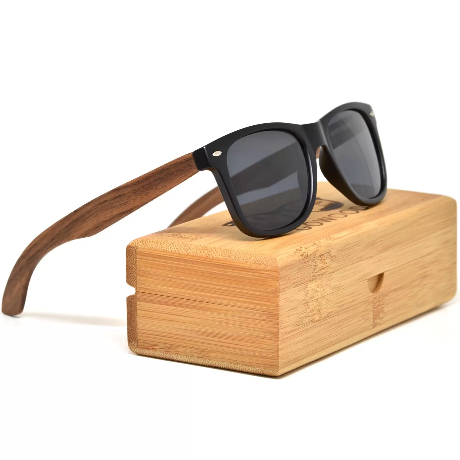 Walnut wood wayfarer sunglasses with black polarized lenses