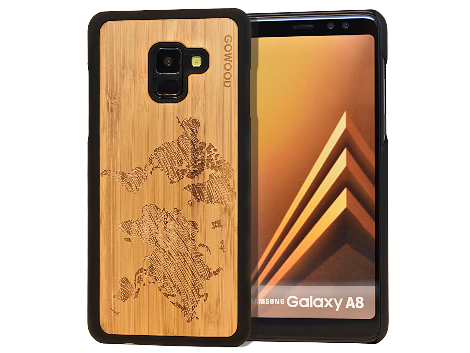 Samsung Galaxy A8 wood case bamboo backside engraved world map polycarbonate sides