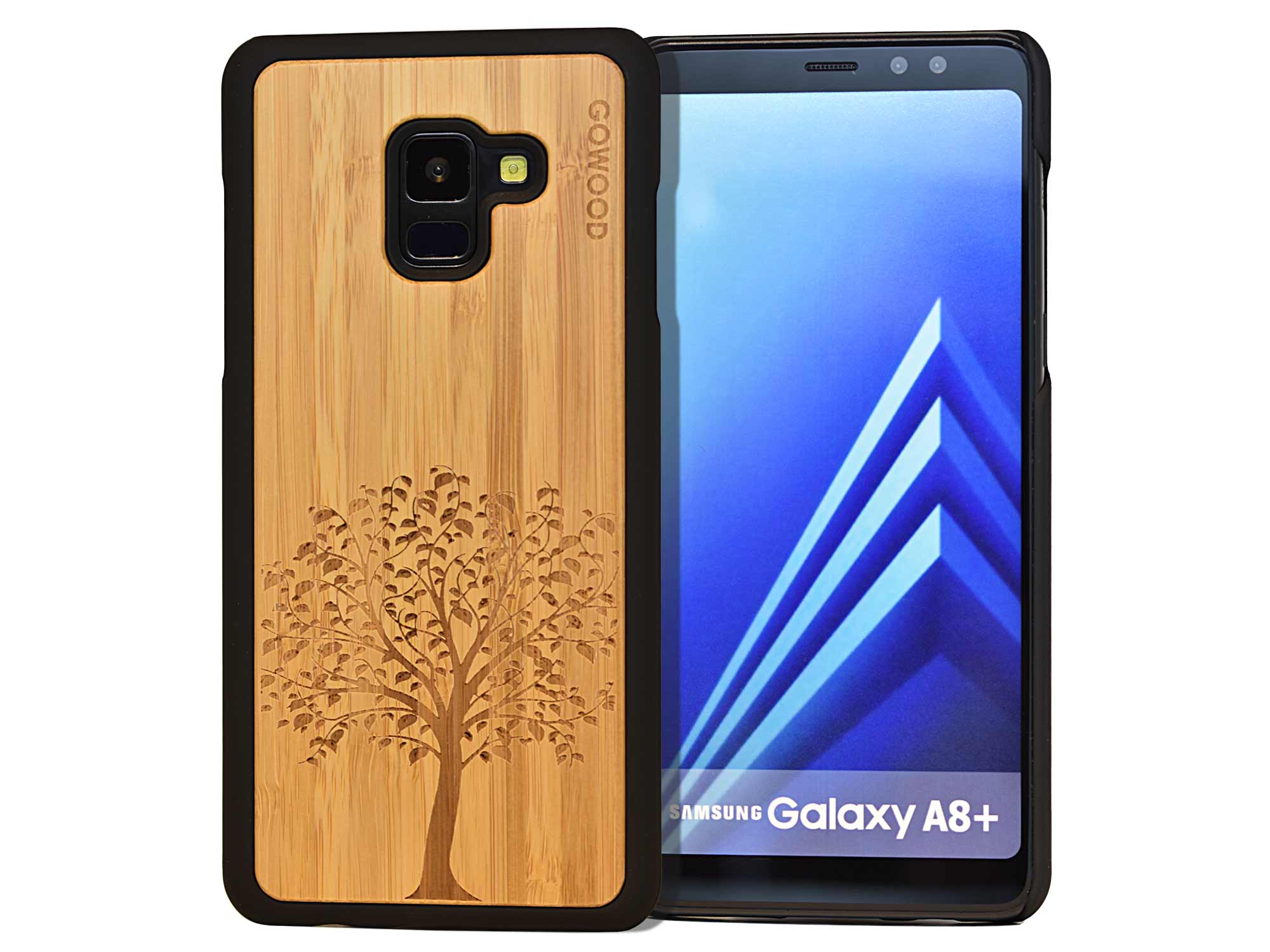 Samsung Galaxy A8 Plus wood case bamboo backside engraved tree polycarbonate sides