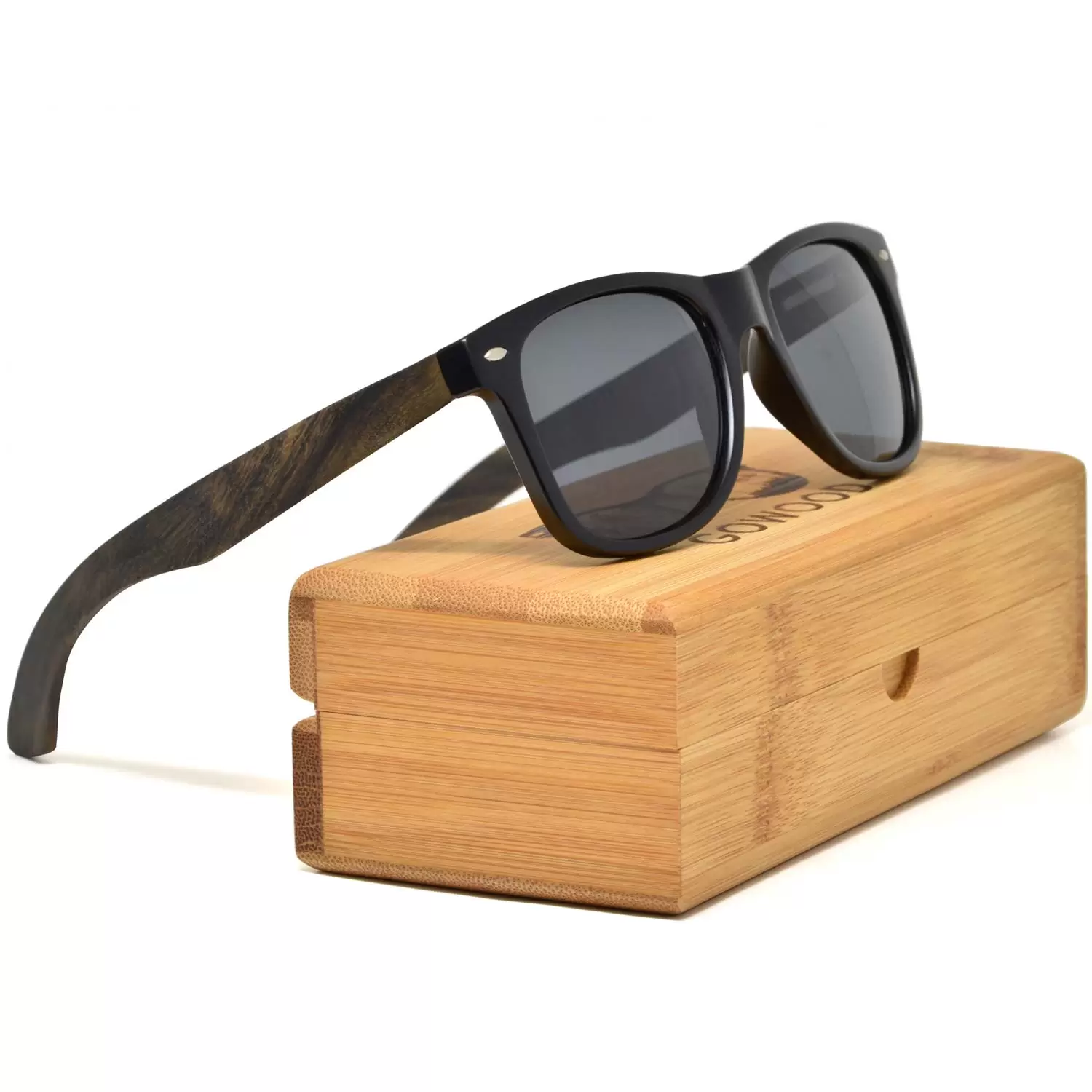 Ebony wood wayfarer sunglasses with black polarized lenses