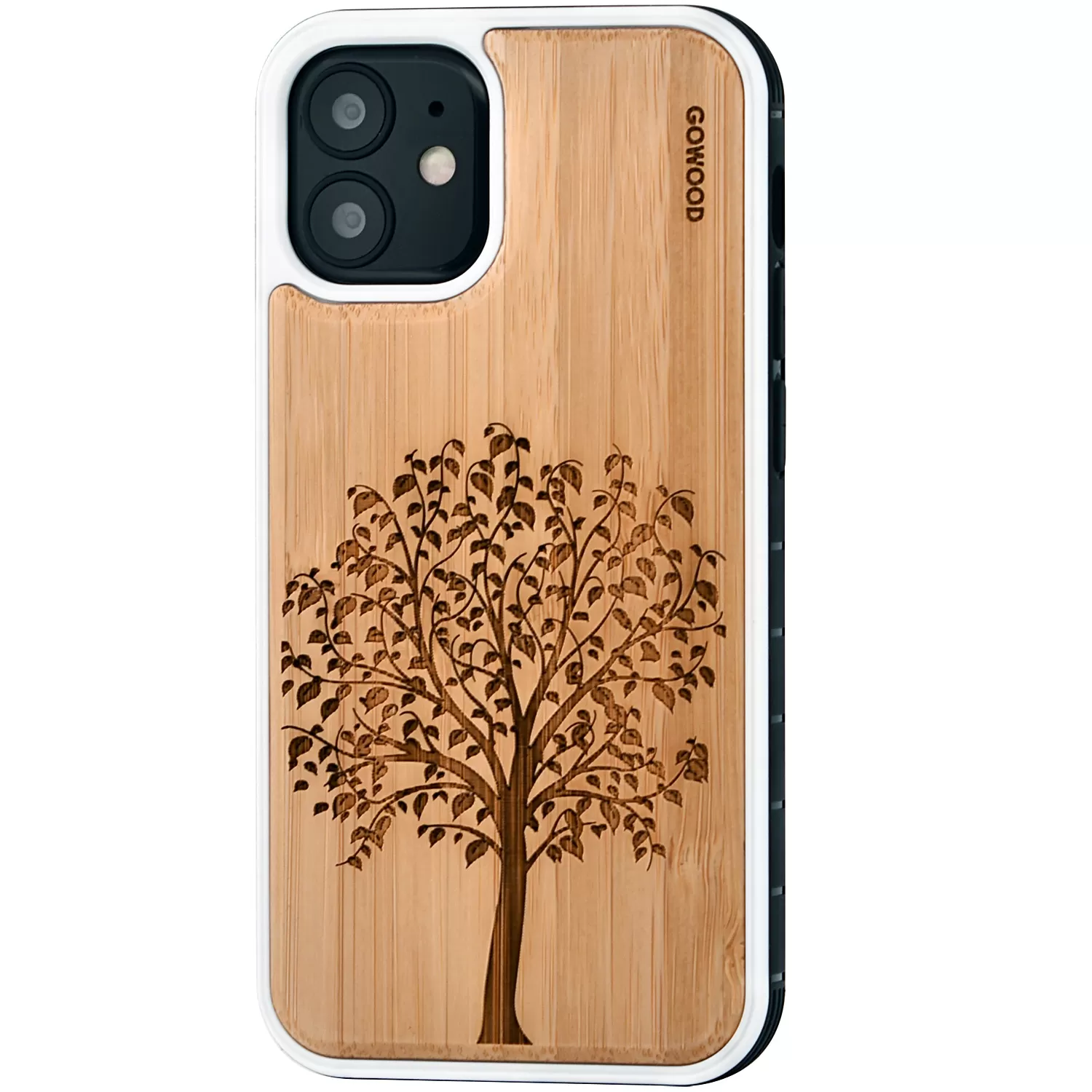 iPhone 12 Mini wood case tree engraved bamboo backside with TPU bumper