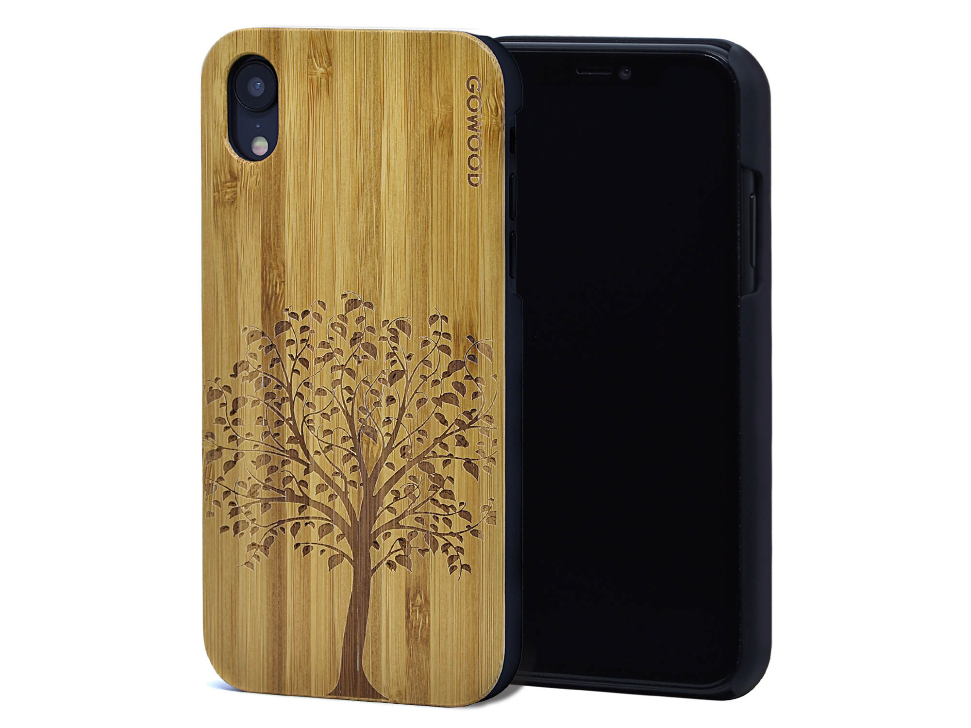 iPhone XR wood case bamboo backside engraved tree polycarbonate sides