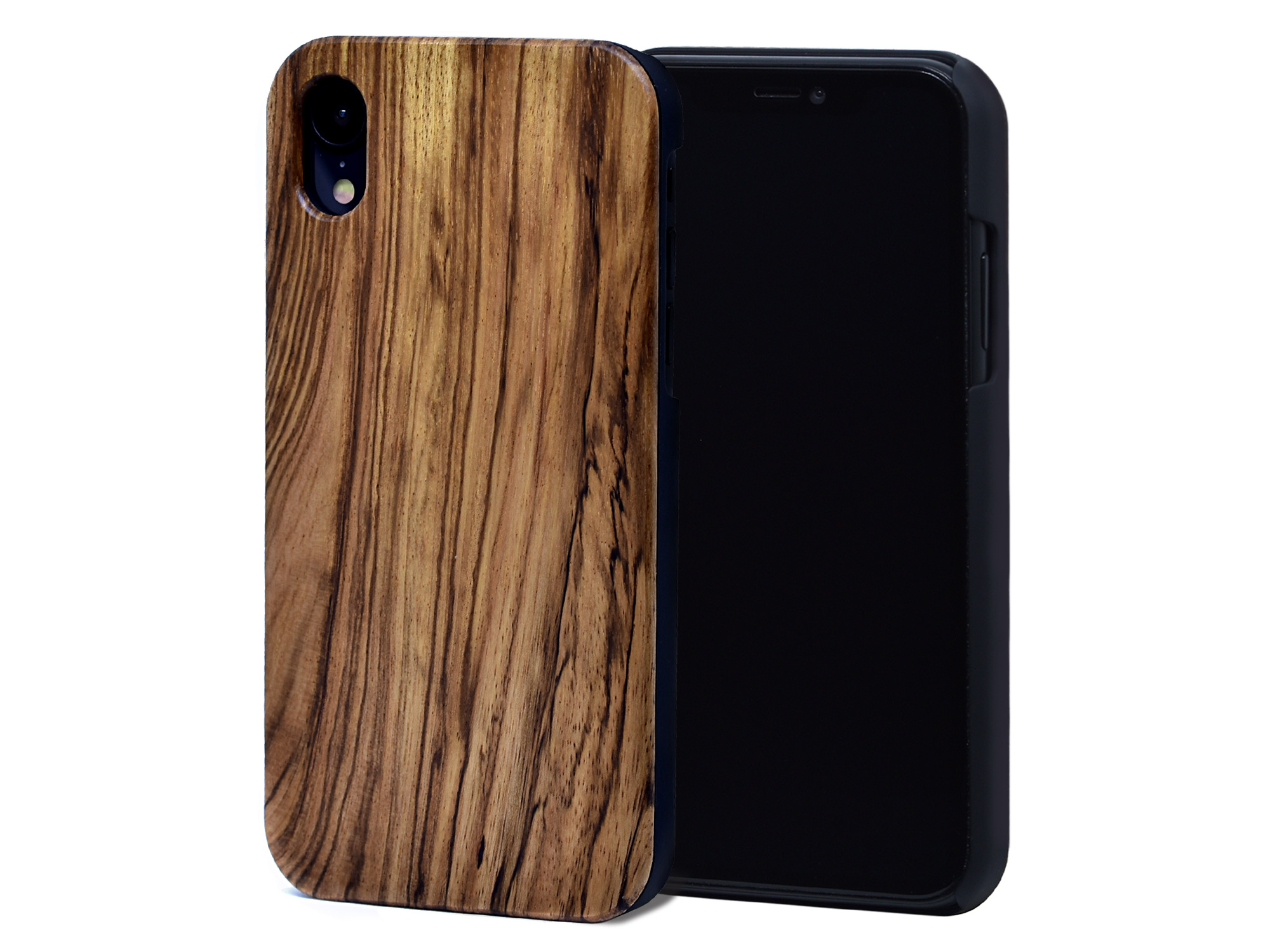 iPhone XR wood case zebra backside with polycarbonate sides