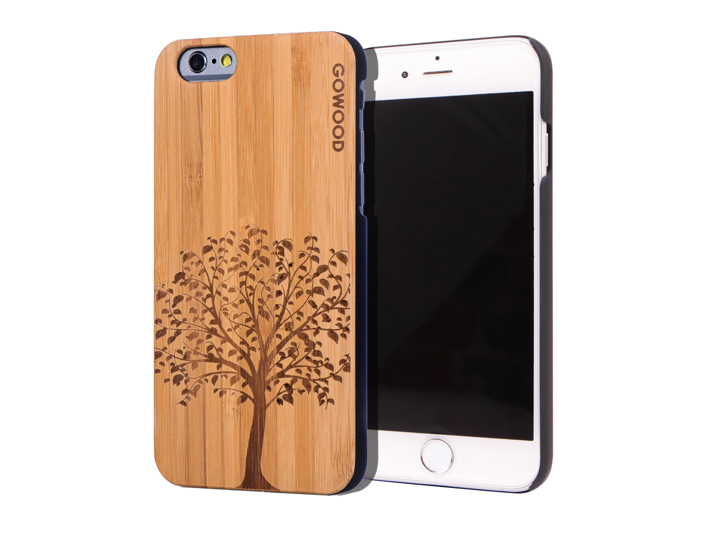 iPhone 6 case bamboo wood backside with beautiful engraved tree art and polycarbonate sides