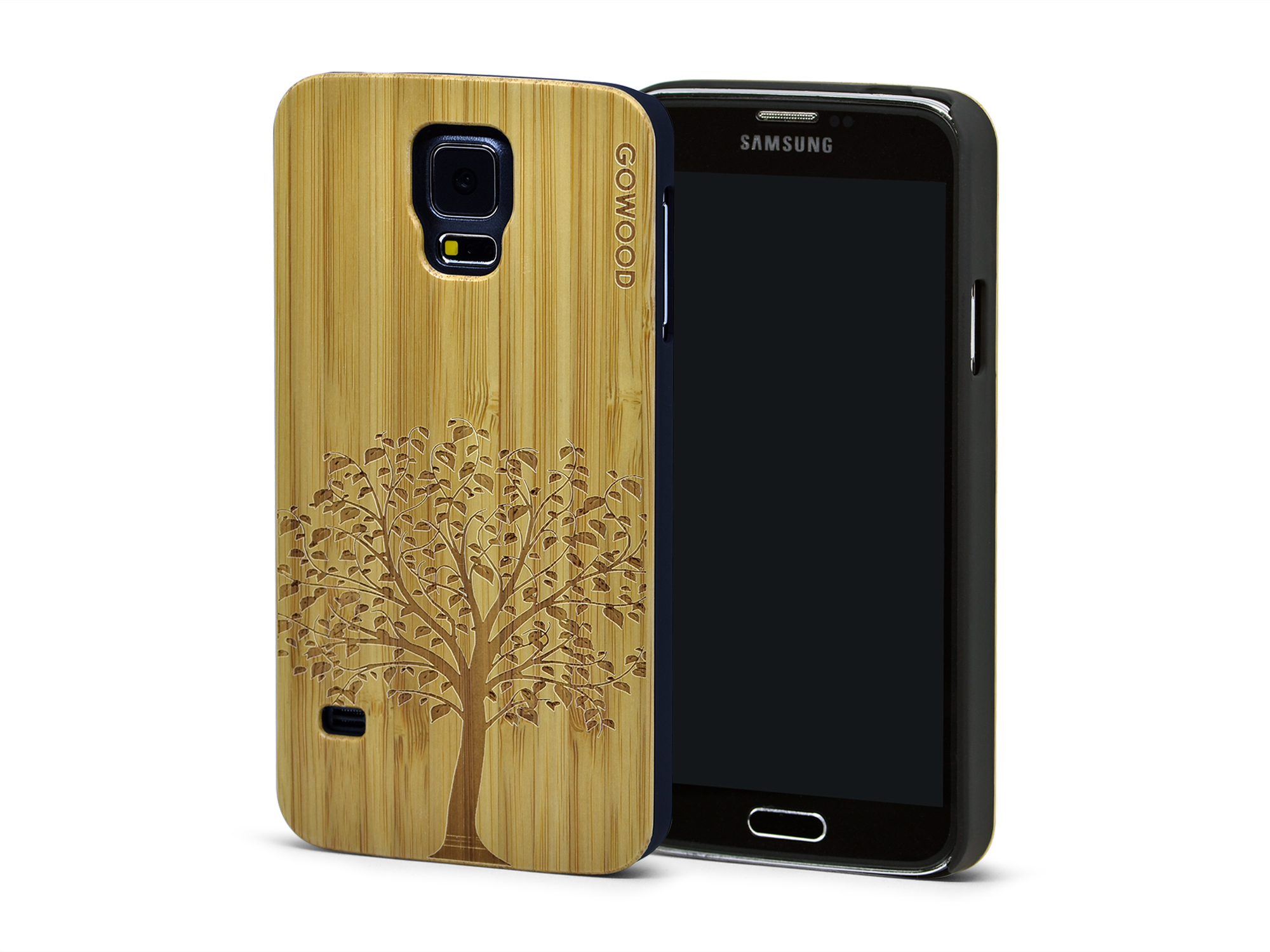 Samsung Galaxy S5 case bamboo wood backside with beautiful engraved tree art and polycarbonate sides
