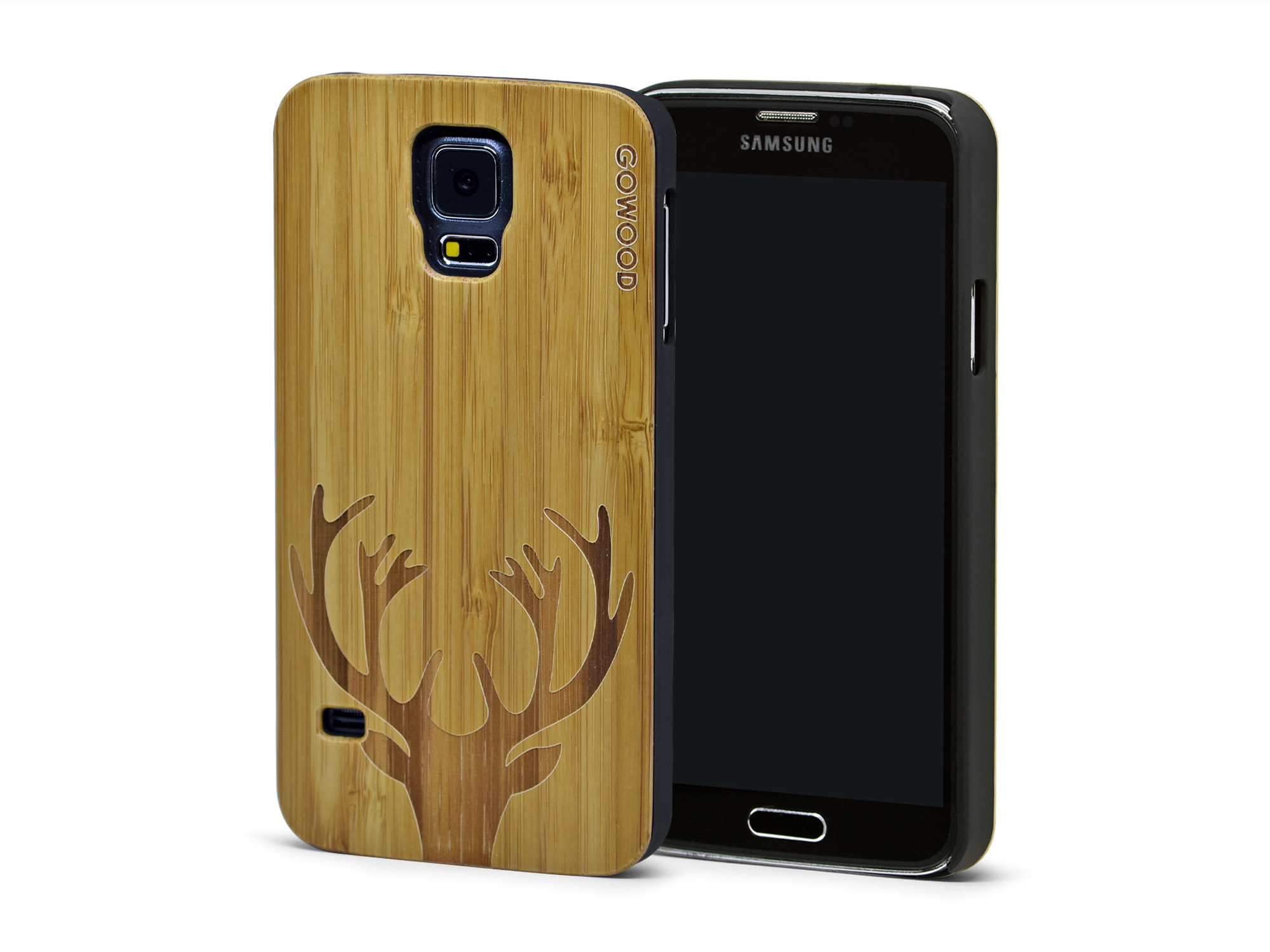 Samsung Galaxy S5 case bamboo wood backside with beautiful engraved deer art and polycarbonate sides