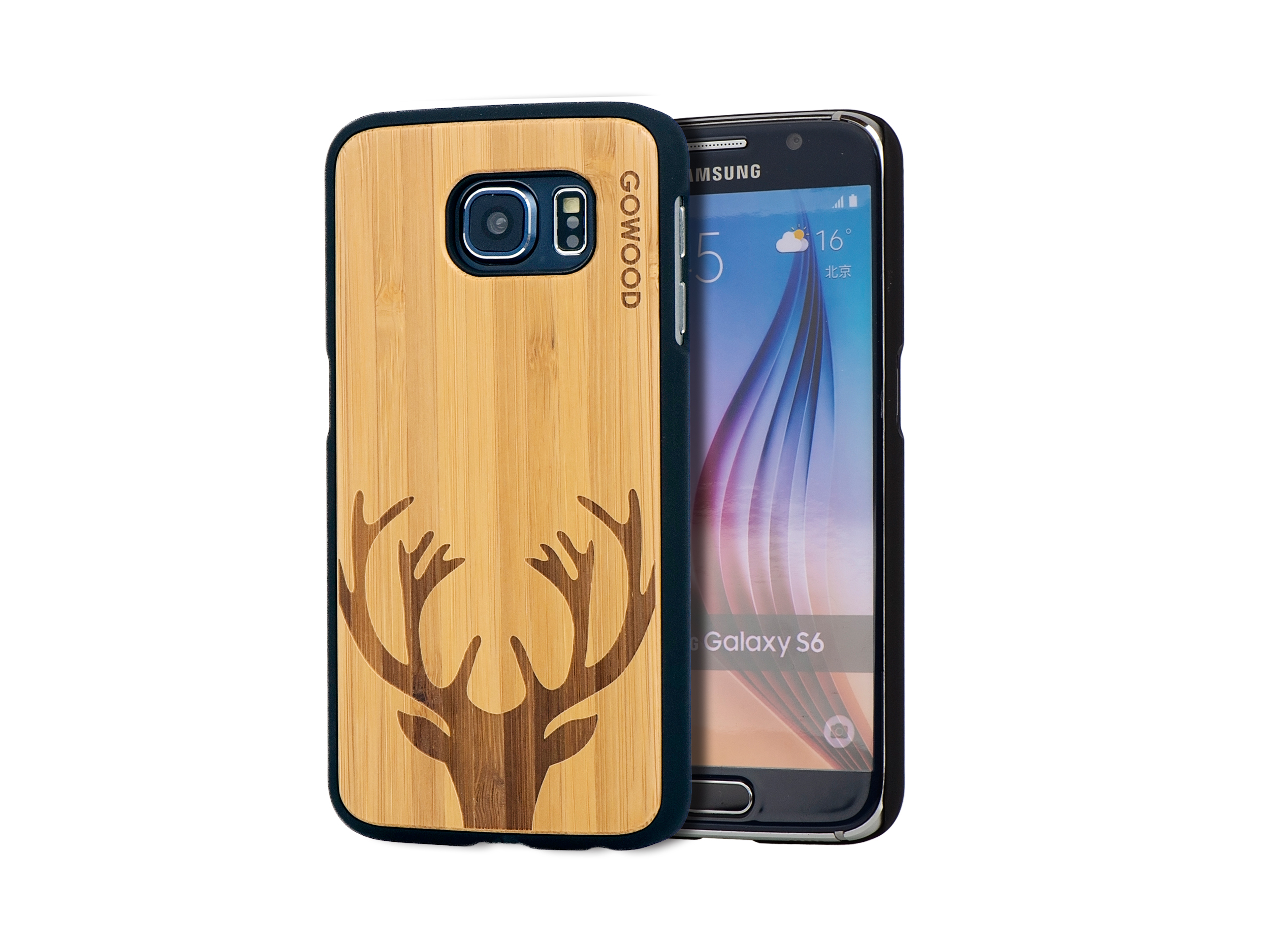 Samsung Galaxy S6 case bamboo wood backside with beautiful engraved deer art and polycarbonate sides